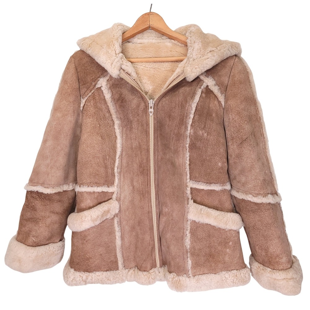 Wilsons Suede & Leather Vintage Shearling Hooded Jacket Tan Wool Lined Womens 14